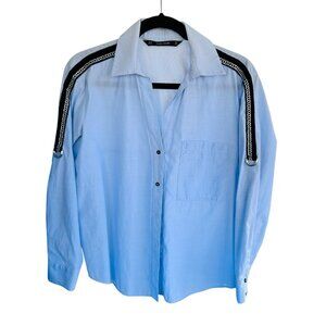 Zara Blouse Womens Small Blue Roll Tab Sleeve Button Up XS Extra Small